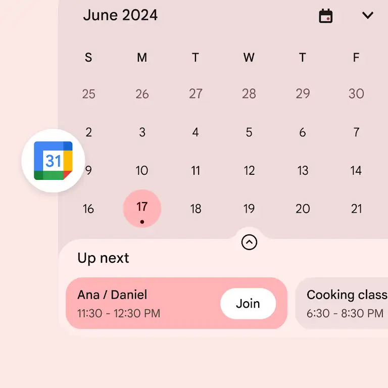 Google Calendar showing upcoming events, including a meeting with a 'Join' button and a cooking class, highlighting easy meeting access.
