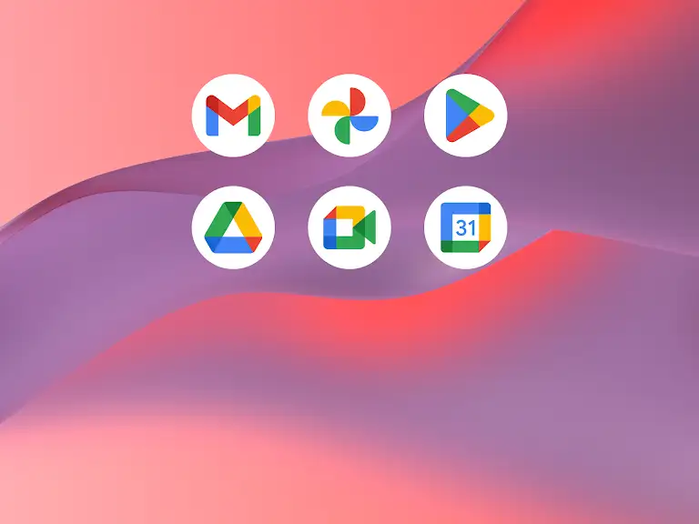 Google apps, including Gmail, Photos, Drive, Meet, Calendar, and Google Play