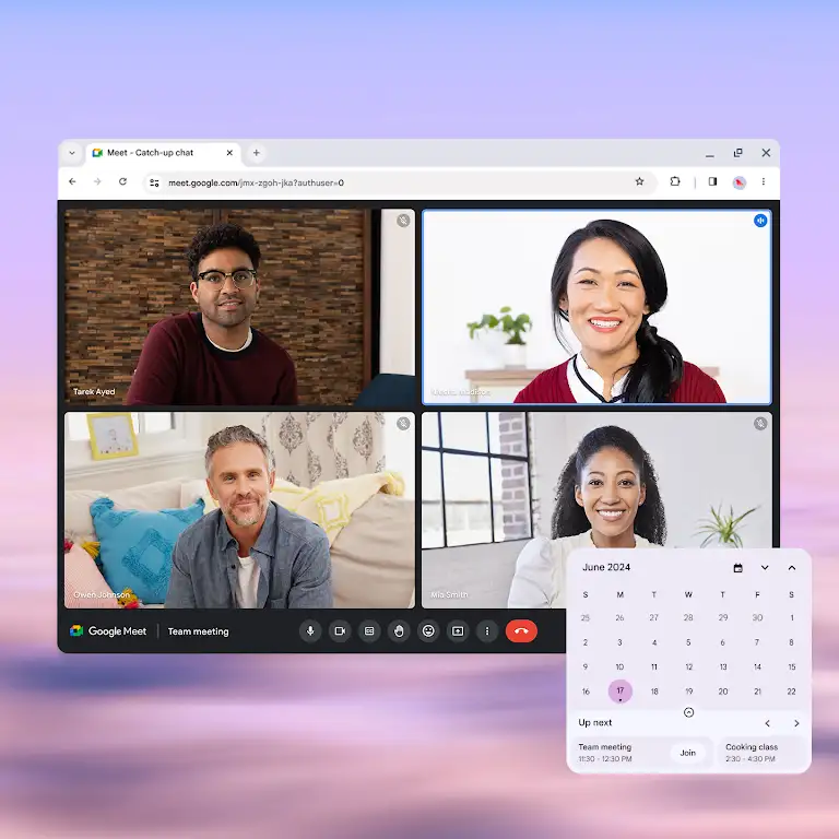 Animation showing Google calendar shortcut on a Chromebook, illustrating the ability to easily launch a video call without opening the app.