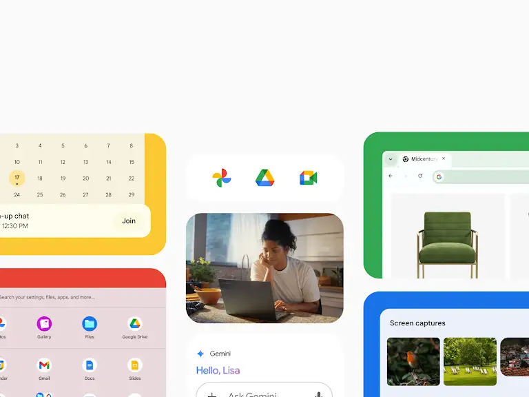 Assortment of images highlighting Google apps and features available on Chromebook laptops.