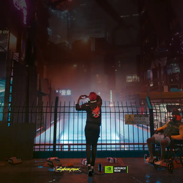 Video showing Cyberpunk 2077 gameplay, available to play on GeForce NOW on a Chromebook Plus laptop.