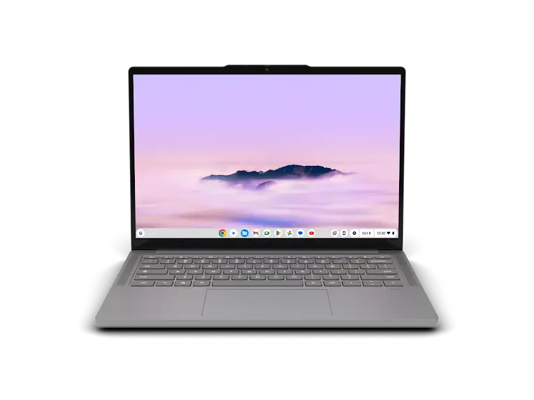Open Chromebook Plus laptop with desktop background and Google app icons featuring on the app shelf.