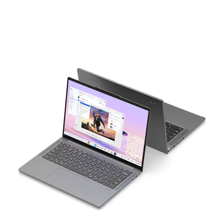 Two Chromebooks slowly open to show on-screen experience with Adobe Photoshop, Gemini, Google Meet, Google Slides, Google Drive and Calendar open.