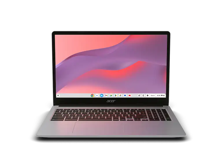 Open Chromebook laptop with desktop background and Google app icons featuring on the app shelf.